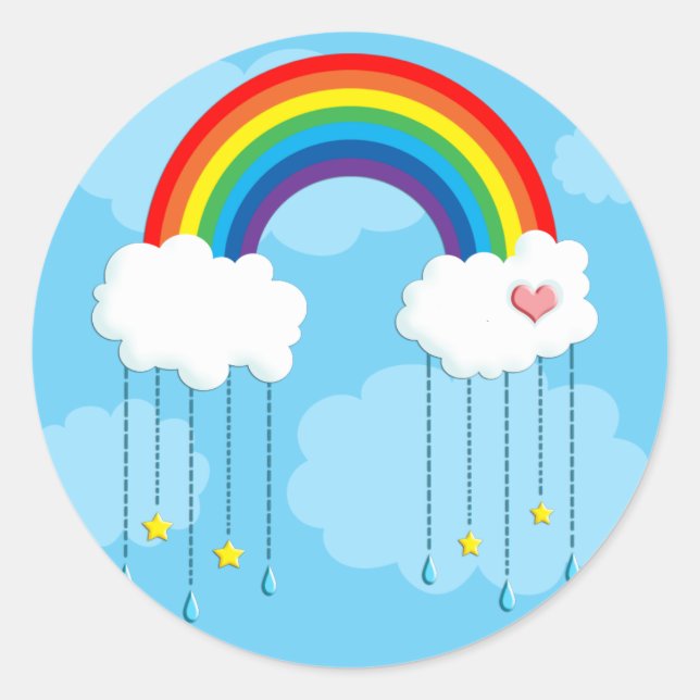 Rainbow and clouds raining stars classic round sticker (Front)
