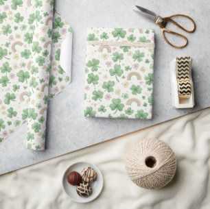 Rainbow and clover leaves gift wrapping paper