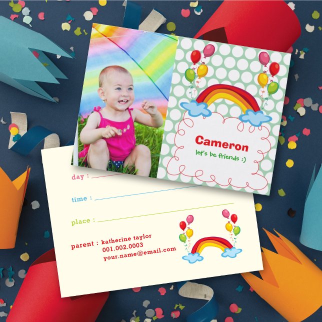 Rainbow And Colourful Balloons Kids Photo Playdate Calling Card (Creator Uploaded)