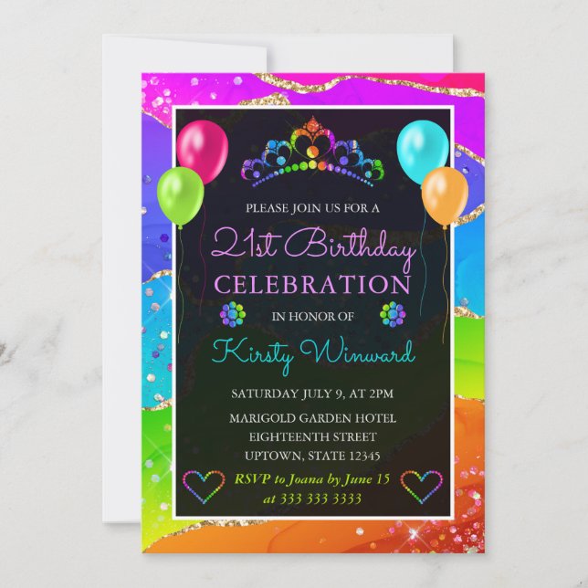 Rainbow and Gold Glitter Agate 21st Birthday Invitation (Front)