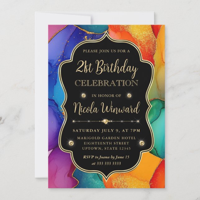 Rainbow and Gold Glitter Alcohol Ink 21st Birthday Invitation (Front)