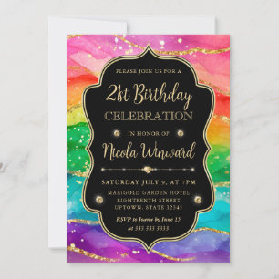 Rainbow and Gold Glitter Alcohol Ink 21st Birthday Invitation