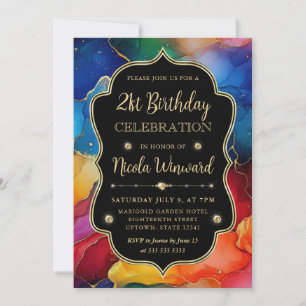 Rainbow and Gold Glitter Alcohol Ink 21st Birthday Invitation