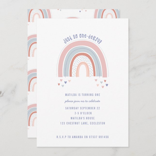 Rainbow and heart 1st birthday invite (Front/Back)