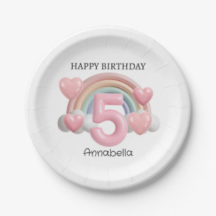 Rainbow and Hearts 3D 5th Birthday Party Paper Plate