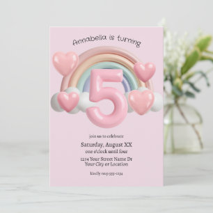 Rainbow and Hearts 3D 5th Pink Birthday Party Invitation