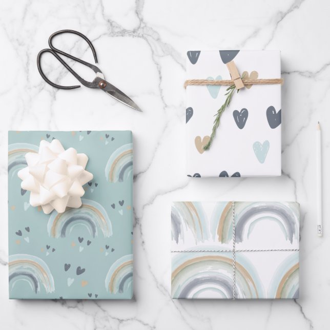 Rainbow and Hearts in Boho Muted Blue Pattern Wrapping Paper Sheet (Front)