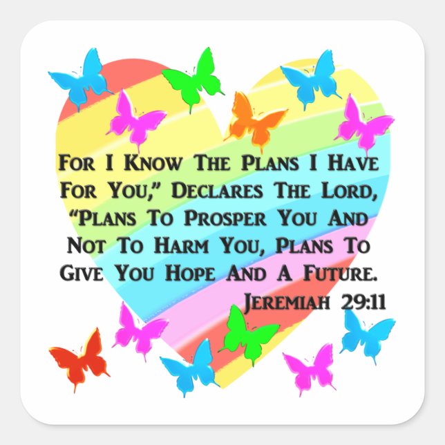 RAINBOW AND HEARTS JEREMIAH 29:11 SQUARE STICKER (Front)