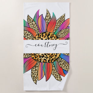 Rainbow and leopard print personalised beach tow towel