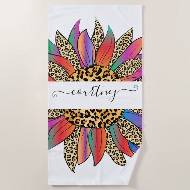 Rainbow and leopard print personalised   beach tow towel (Front)