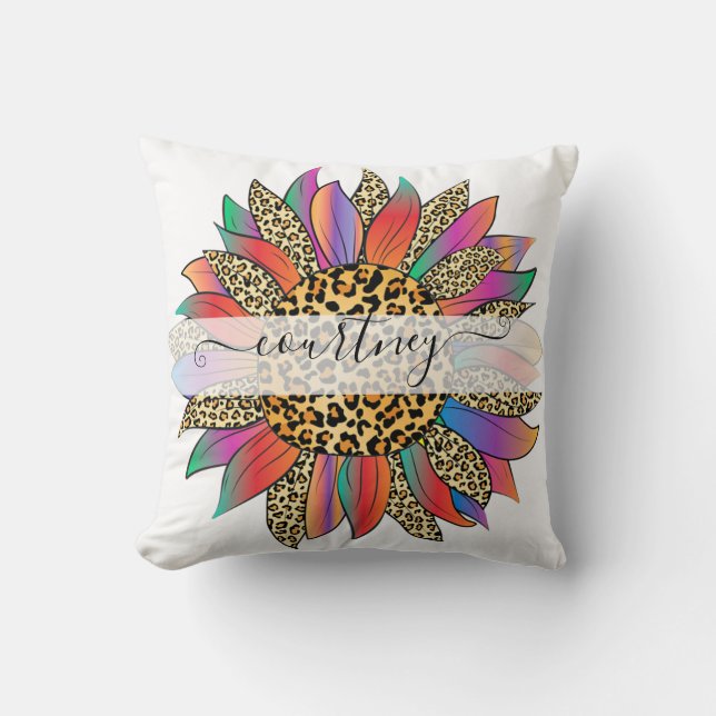 Rainbow and leopard print personalised  cushion (Front)