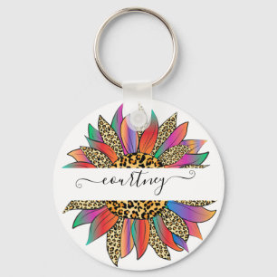 Rainbow and leopard print personalised key ring