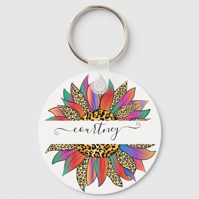 Rainbow and leopard print personalised   key ring (Front)