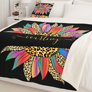 Rainbow and leopard print personalised sherpa blanket