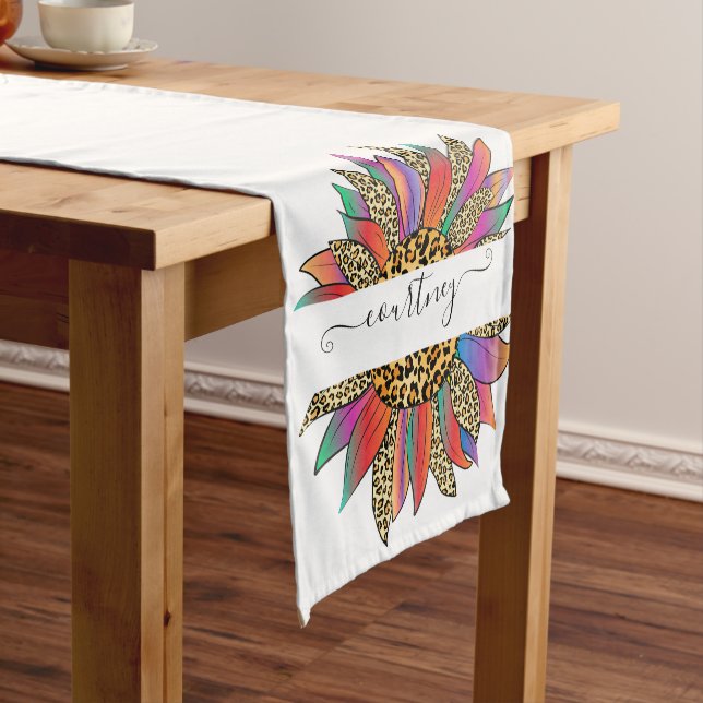 Rainbow and leopard print personalised   short table runner (In Situ)