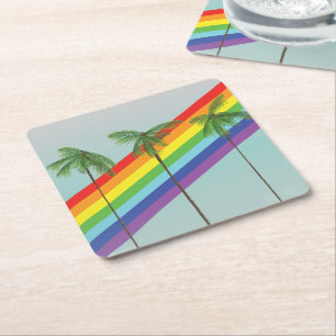 Rainbow and Palms Square Paper Coaster
