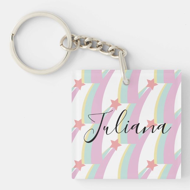 Rainbow and Stars Pattern Script Name  Keychain (Front)