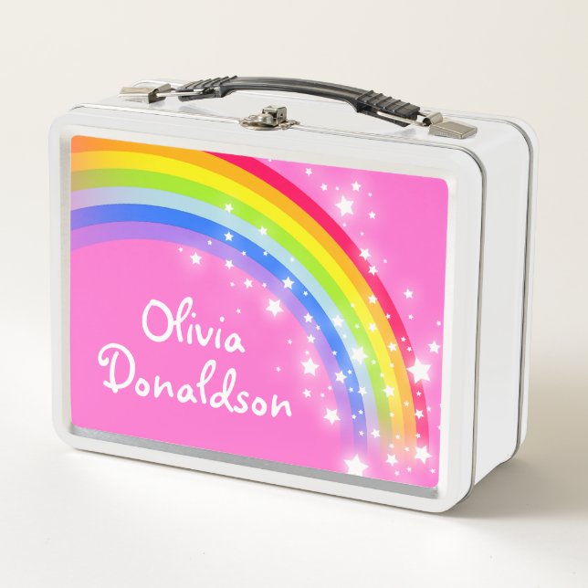 Rainbow and stars pink sky girls name lunch box (Front)