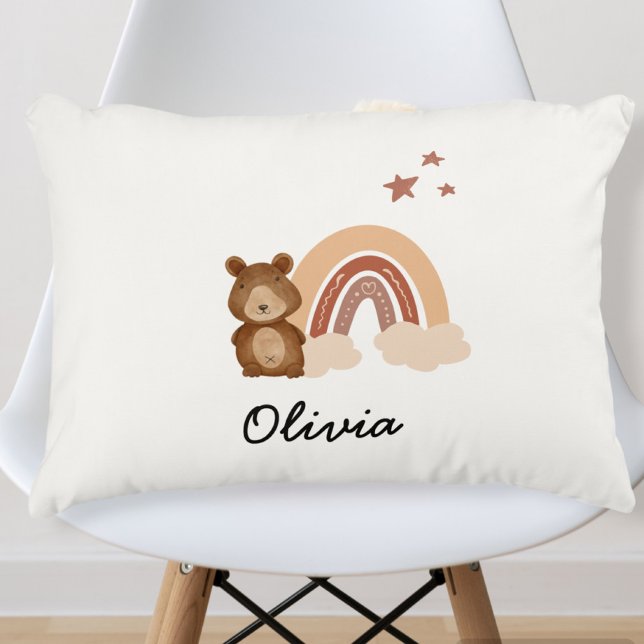 Rainbow and Teddy Bear Pillow, Custom Name Nursery Decorative Cushion (Creator Uploaded)