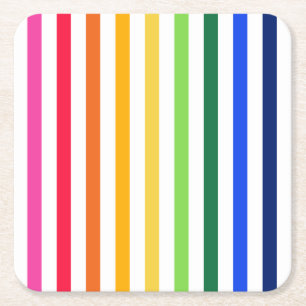 Rainbow and white stripes square paper coaster