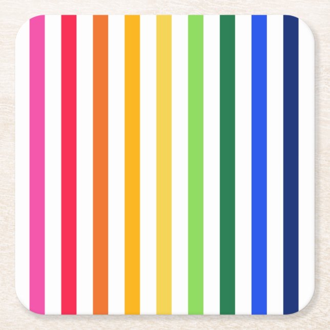 Rainbow and white stripes square paper coaster (Front)