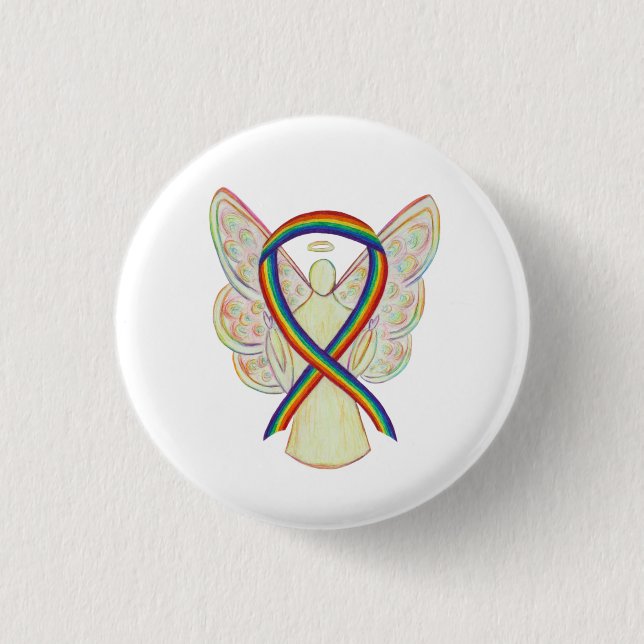 Rainbow Angel Awareness Ribbon Custom Art Pins (Front)