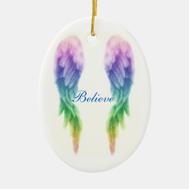 Rainbow Angel Wings Ceramic Tree Decoration (Front)