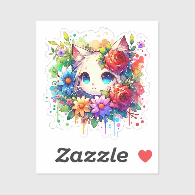 Rainbow Anime Kitten and Flowers (Sheet)