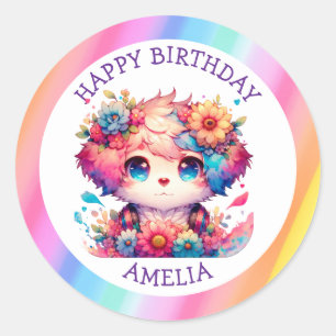 Rainbow Anime Puppy Birthday Cake Personalised Classic Round Sticker