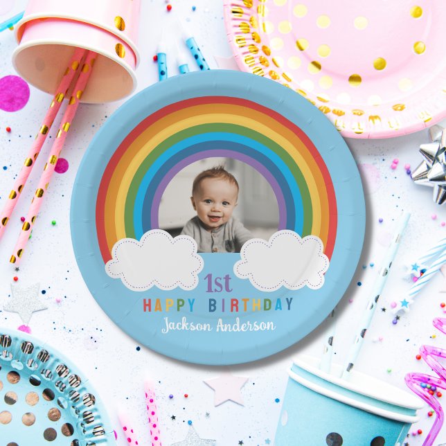 Rainbow Arch Over The Clouds Baby's First Birthday Paper Plate (Creator Uploaded)