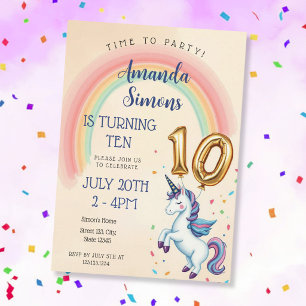 Rainbow Arch Unicorn Confetti Girl 10th Birthday Invitation