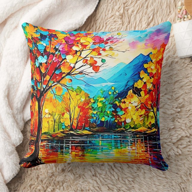 Rainbow Autumn Lake Art Cushion (Blanket)