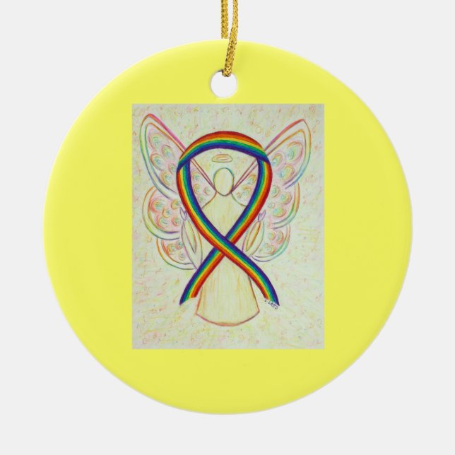 Rainbow Awareness Ribbon Angel Custom Art Ornament (Front)