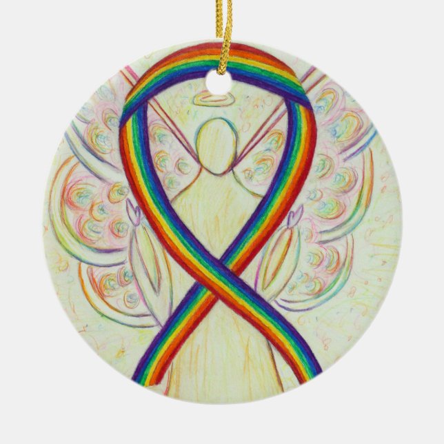 Rainbow Awareness Ribbon Angel Custom Art Ornament (Front)