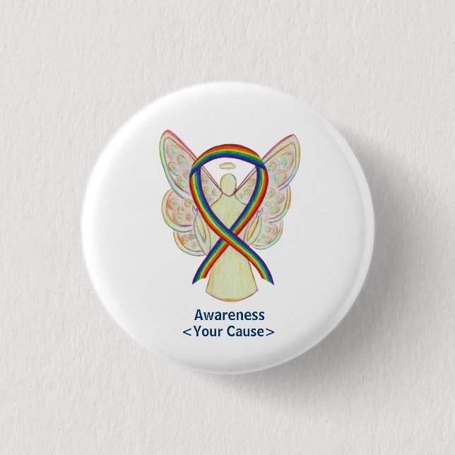 Rainbow Awareness Ribbon Angel Custom Art Pins (Front)