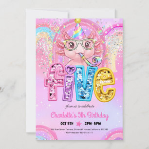Rainbow Axolotl 5th Birthday Invitation