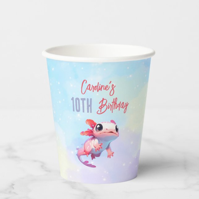 Rainbow axolotl girl birthday paper cups (Front)