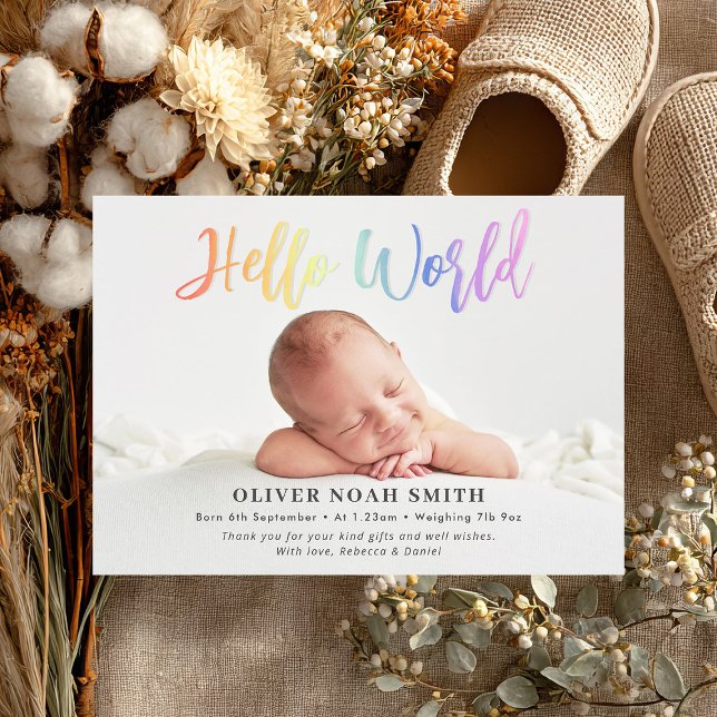 Rainbow Baby Birth Announcement Hello World (Celebrate your newborn’s arrival with this vibrant "Hello World" birth announcement card.)