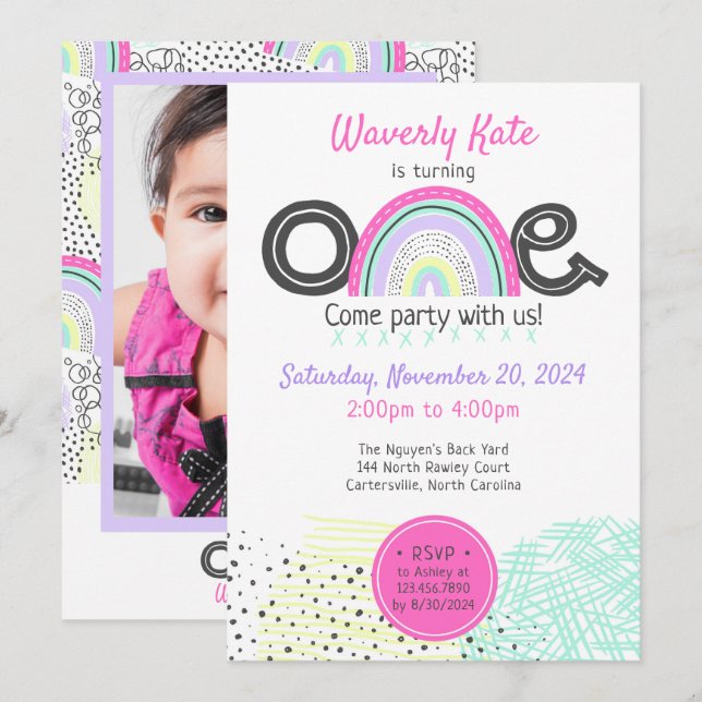 Rainbow Baby Girl 1st Birthday Kawaii Doodle Photo Invitation (Front/Back)