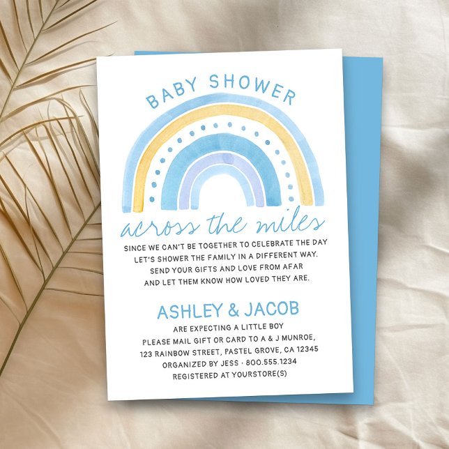 Rainbow Baby Shower Across the Miles Boys Blue Invitation (Boy baby shower by mail invitation with cute rainbow)