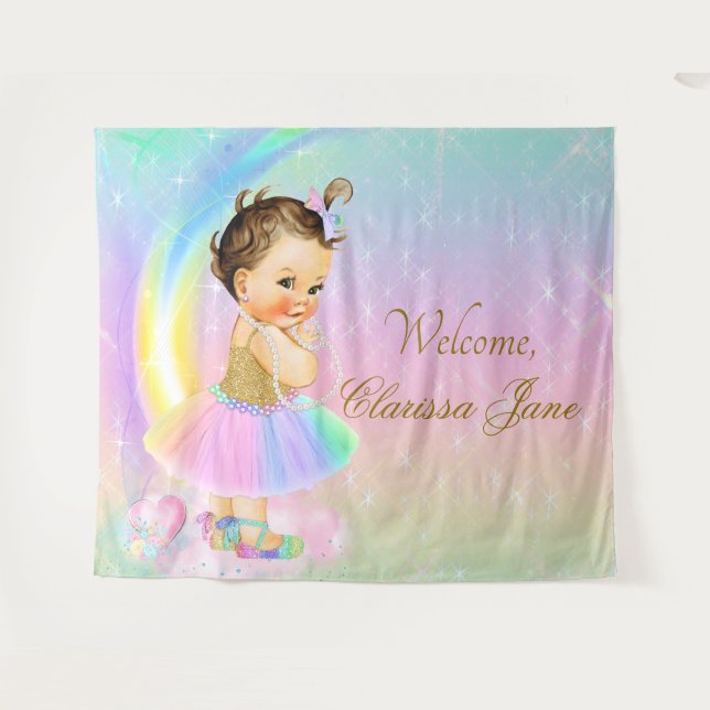 Rainbow Baby Shower Backdrop Banner Brunette Girl Tapestry (Front (Horizontal))