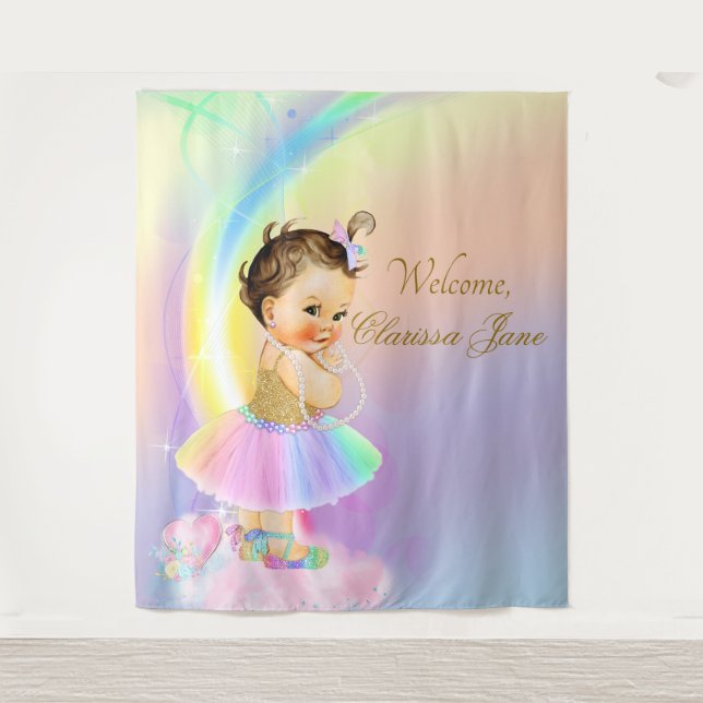 Rainbow Baby Shower Backdrop Banner Brunette Girl Tapestry (Front)