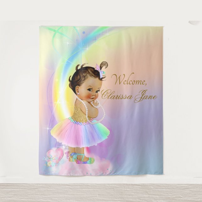 Rainbow Baby Shower Backdrop Banner Ethnic Girl Tapestry (Front)