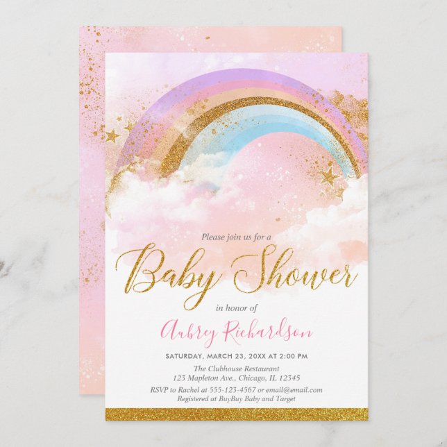 Rainbow baby shower girl pastel pink gold invitation (Front/Back)