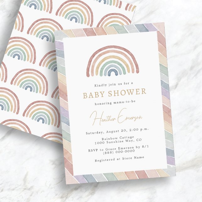 Rainbow Baby Shower Invitation (Boho Watercolor Pastel Rainbow Baby Shower Invitation by Painted Paperie
)