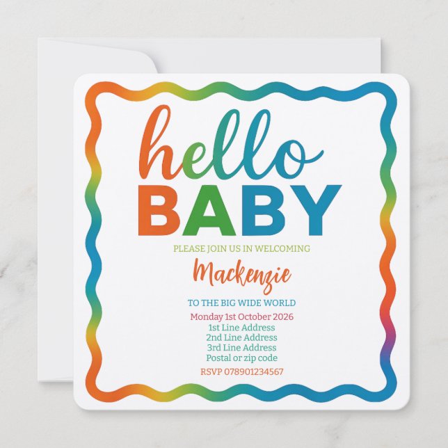 Rainbow baby shower invitation personalised invite (Front)