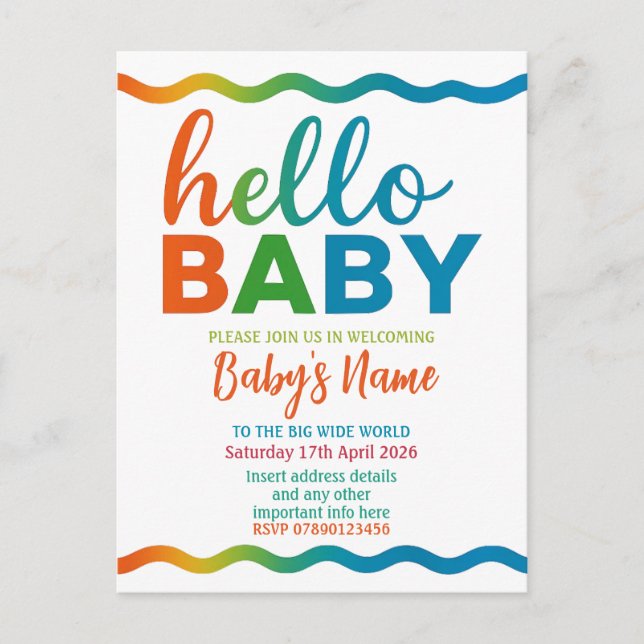 Rainbow baby shower invitation personalized invite postcard (Front)