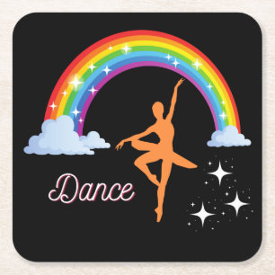 Rainbow Ballerina Dance Square Paper Coaster