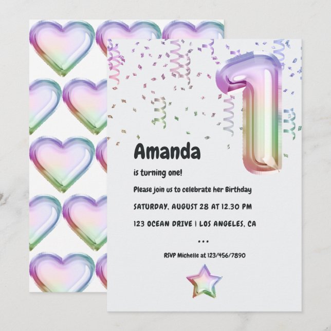 Rainbow Balloon 1st Xmas Birthday Invitation (Front/Back)