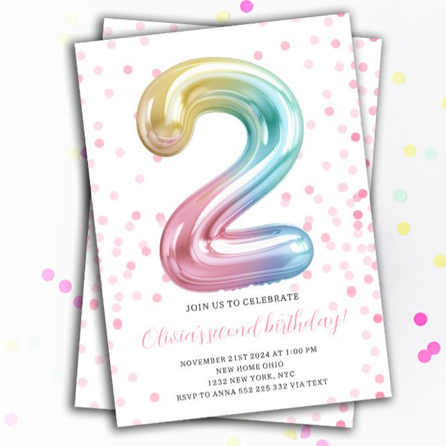 Rainbow Balloon 2nd Birthday Girl Party Number Invitation (2nd Rainbow Balloon Girl Birthday Invitation)